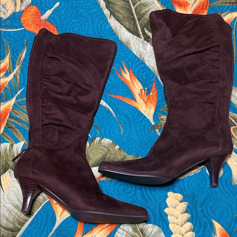 Long Brown Suede Kitten Heel Boots